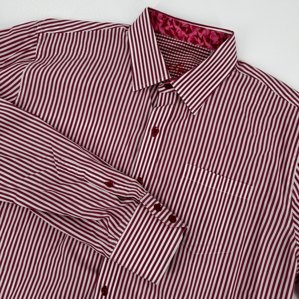 Robert Graham Mens Classic Fit Striped Button Down Shirt Burgundy White Large